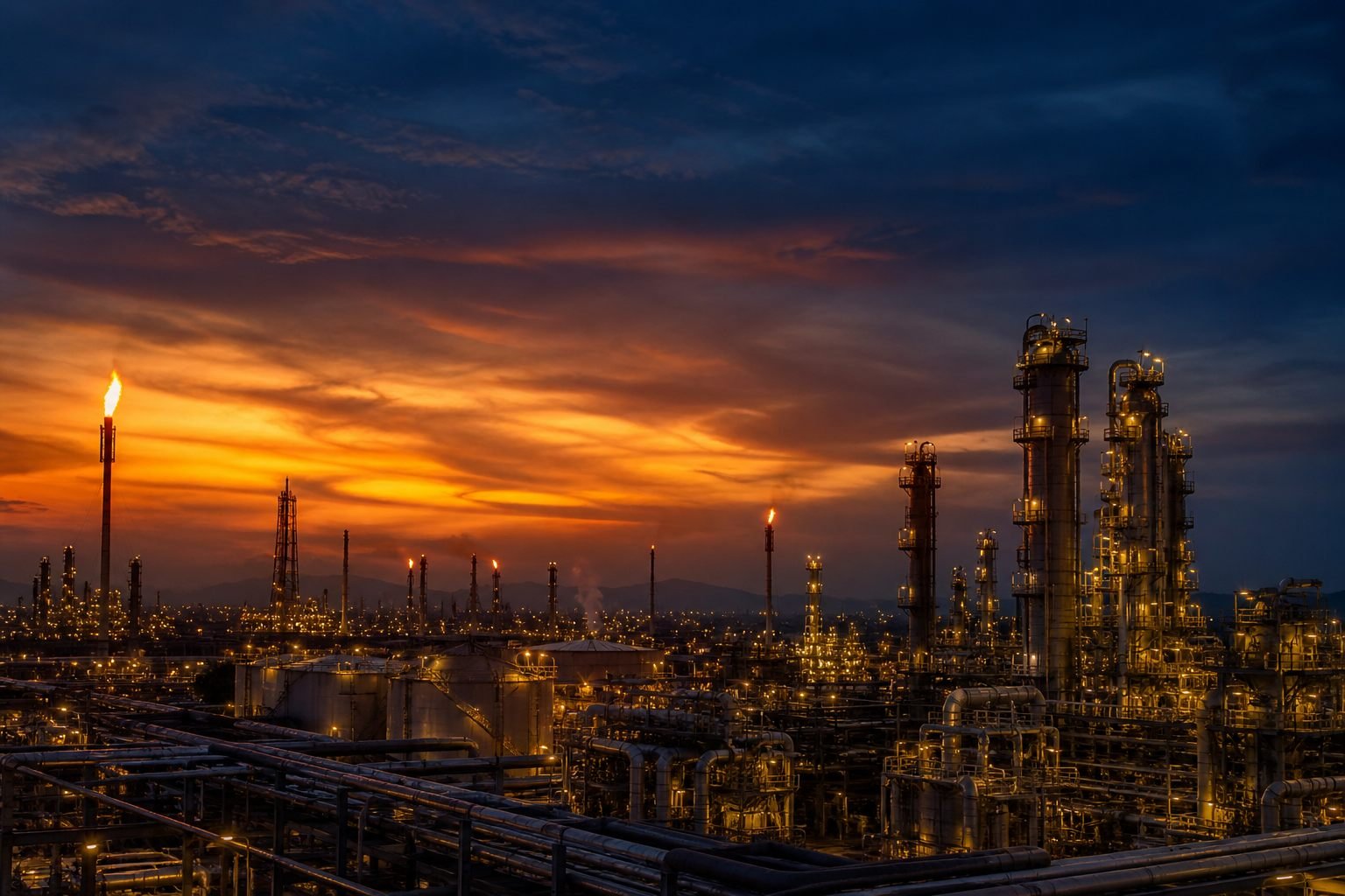 Oil and gas industrial facility at dusk